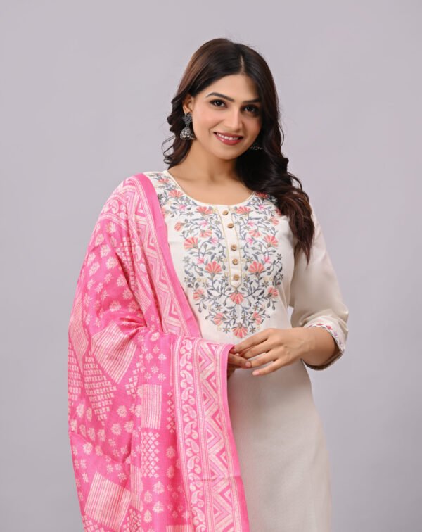 Pink Embroidered Kurta With Matching Printed Silk Dupatta & Straight Pant Set – Premium Cotton Suit for Women