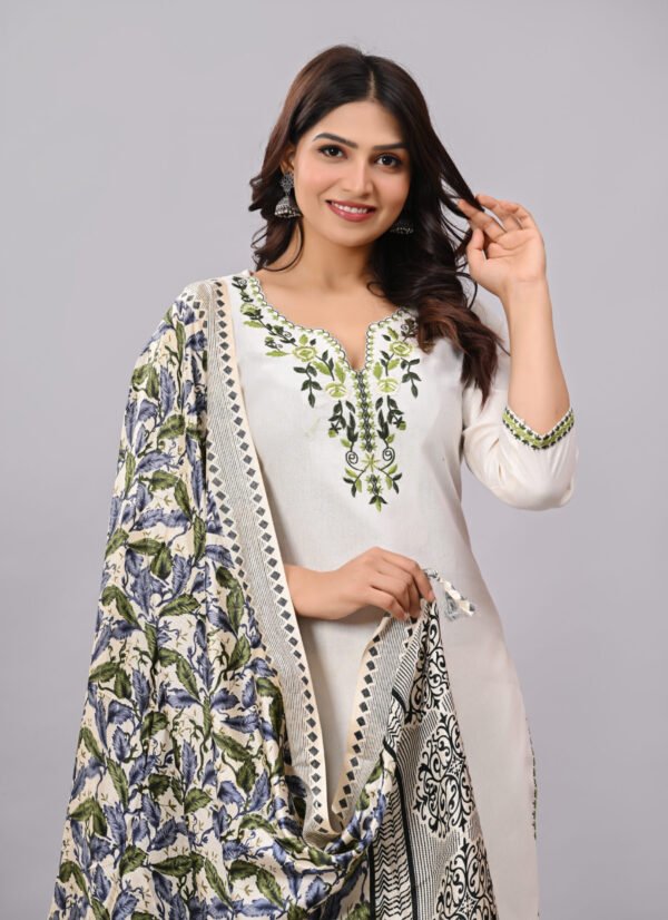 Green Embroidered Kurta With Matching Printed Silk Dupatta & Straight Pant Set – Premium Cotton Suit for Women
