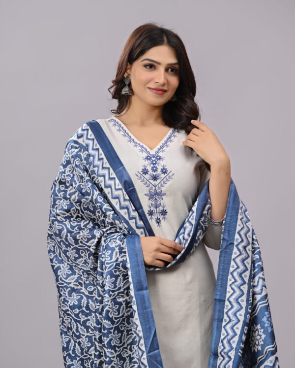 Blue Embroidered Kurta With Printed Silk Dupatta & Straight Pant Set – Premium Cotton Women’s Suit