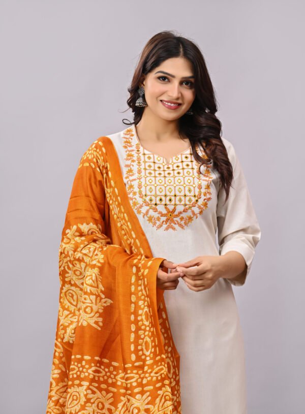 Orange Embroidered Kurta With Printed Silk Dupatta & Straight Pant Set – Premium Cotton Suit for Women