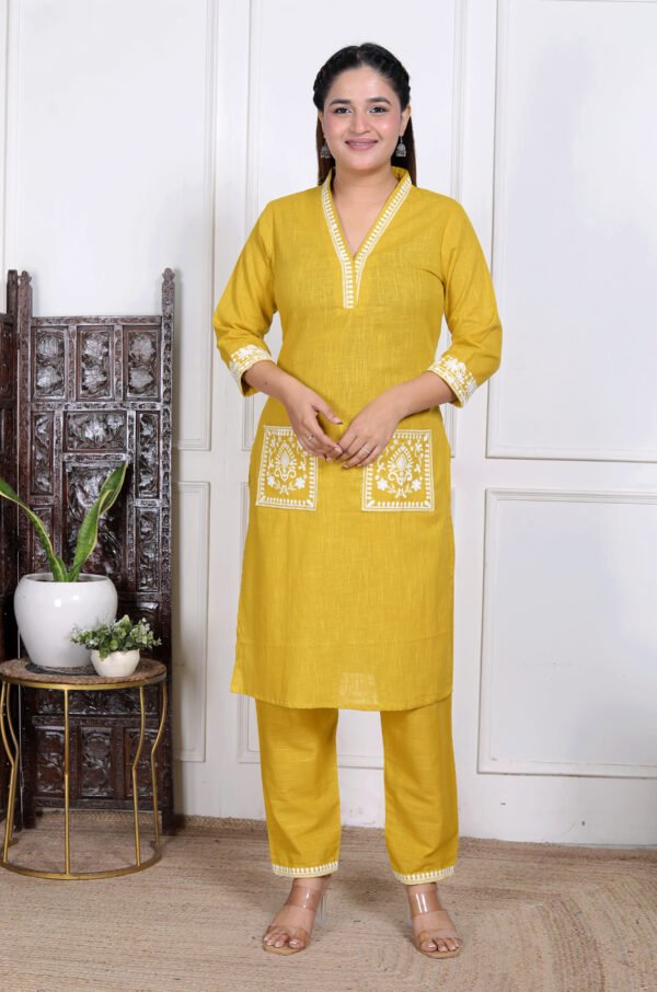 Premium Yellow Cotton Co-Ord Set for Women – Embroidered Kurti Top with Double Pockets & Matching Pants