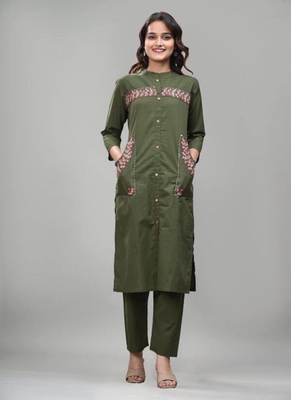 Premium Green Embroidered Cotton Kurti Pant Set for Women – Front Button Style with Double Pockets