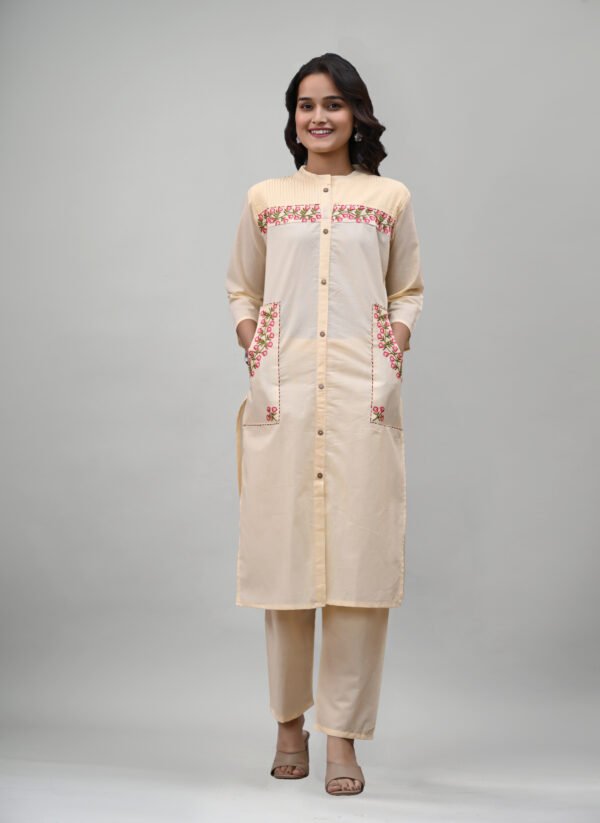 Premium Off-White Embroidered Cotton Kurti Pant Set for Women – Front Button Style with Double Pockets