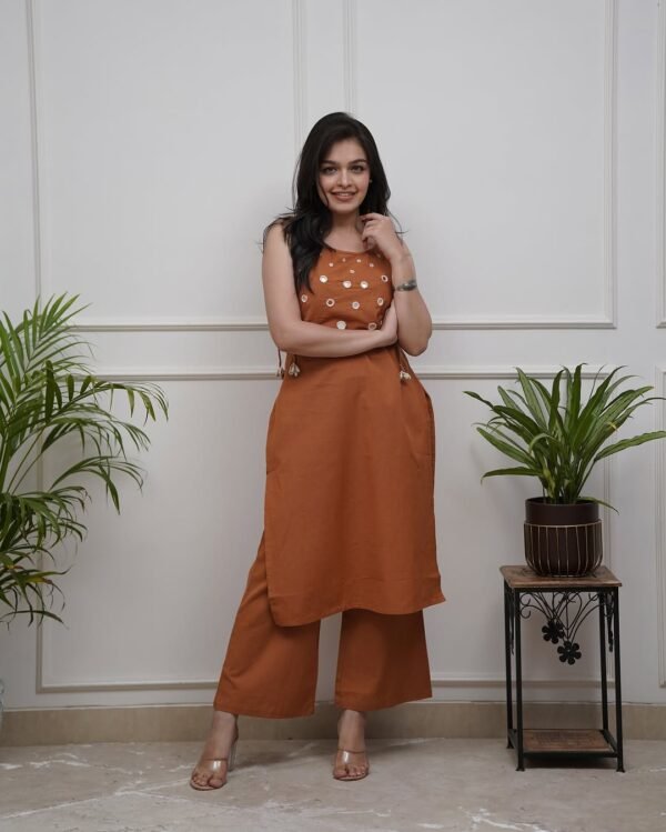Premium Rust Orange Sleeveless Mirror Work Kurti Pant Set for Women – Trendy Festive Ethnic Co-Ord