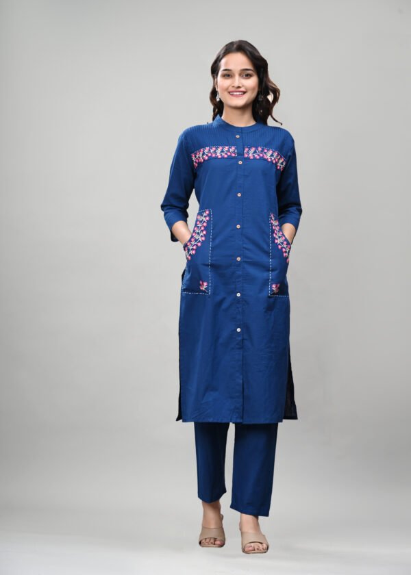 Premium Navy Blue Embroidered Cotton Kurti Pant Set for Women – Front Button Style with Double Pockets
