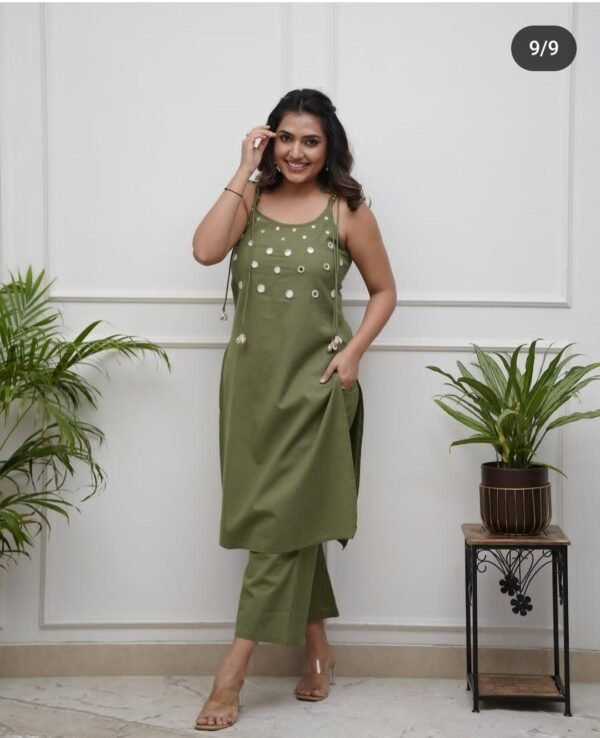 Premium Olive Green Sleeveless Mirror Work Kurti Pant Set for Women – Festive & Casual Ethnic Co-Ord