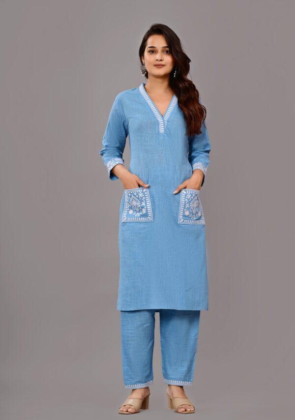 Premium Sky Blue Cotton Co-Ord Set for Women – Embroidered Double Pocket Top & Matching Pants