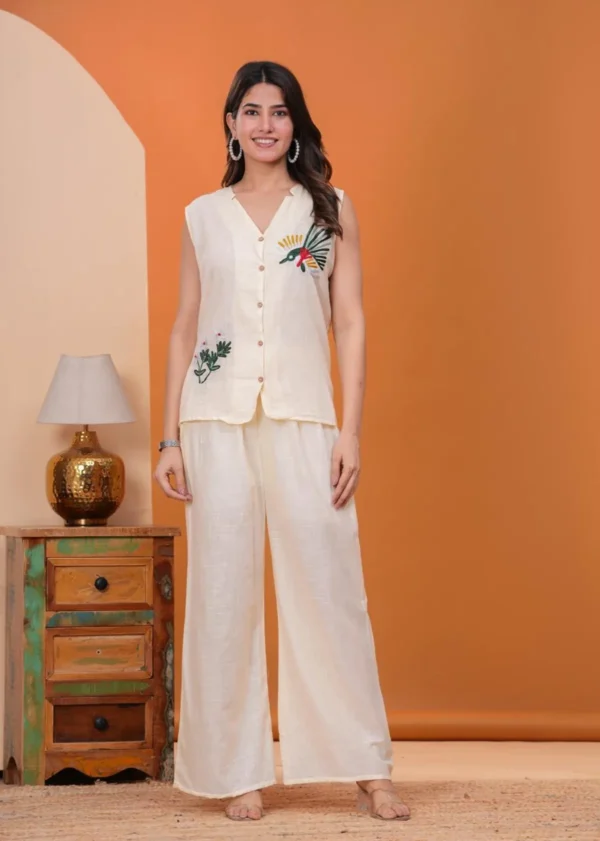 Premium Off White Pure Cotton Floral Printed Embroidered V-Neck Top with Trousers for Women