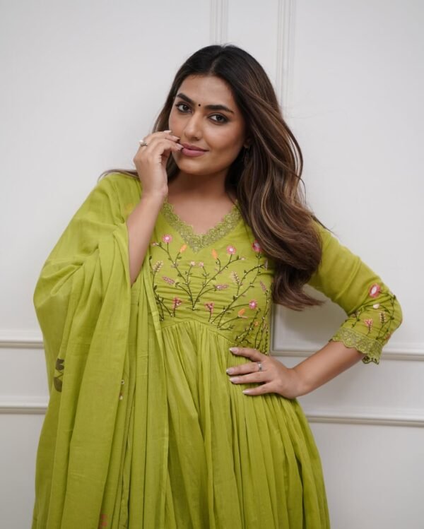 Premium Light Parrot Green Embroidered Cotton Anarkali Suit Set for Women – Floral Thread Work with Printed Dupatta