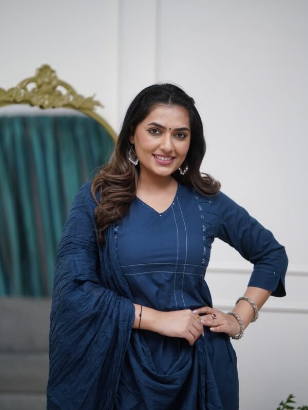 Premium Blue Cotton Suit Set with Katha Work for Women – Elegant & Comfortable Ethnic Wear