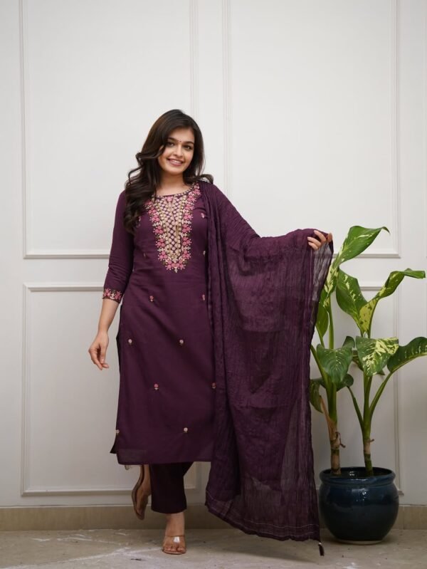 Premium Wine Cotton Embroidered Suit Set for Women – Elegant Ethnic Wear with Soft Hue & Timeless Style