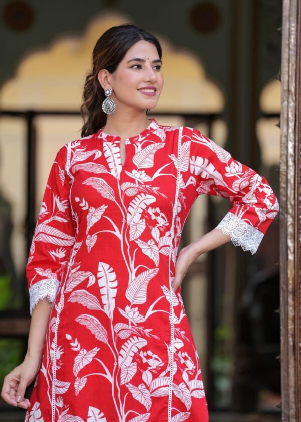 Premium Red Floral Print Co-Ord Set for Women – Cotton Lace Work with Chinese Collar & 3/4th Sleeves