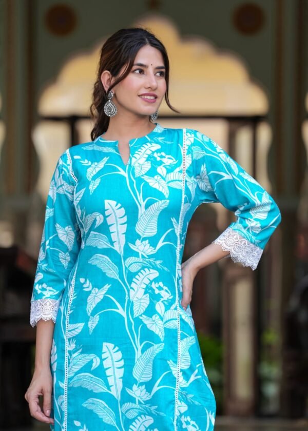 Premium Sky Blue Floral Print Co-Ord Set for Women – Cotton Lace Work with Chinese Collar & 3/4th Sleeves