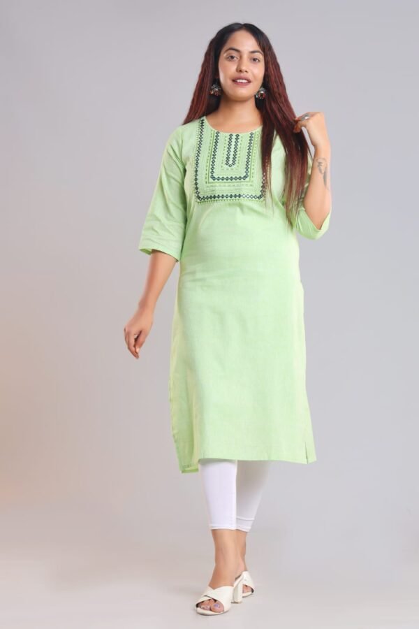 Premium Green Straight Kurti for Women – Elegant Chest Embroidery Work | Daily & Festive Wear
