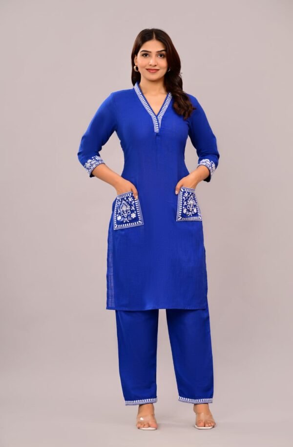 Premium Blue Cotton Co-Ord Set for Women – Embroidered Kurti Top with Double Pockets & Matching Pants