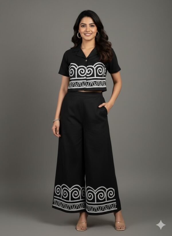 Black Premium Cotton Embroidered Co-ord Set for Women – Short Shirt & Wide-Leg Pants